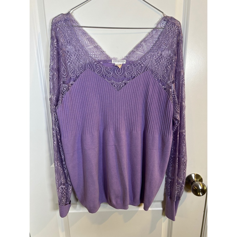Venus Womens Sweater Lace Yoke Sheer Long Sleeve Purple 3X